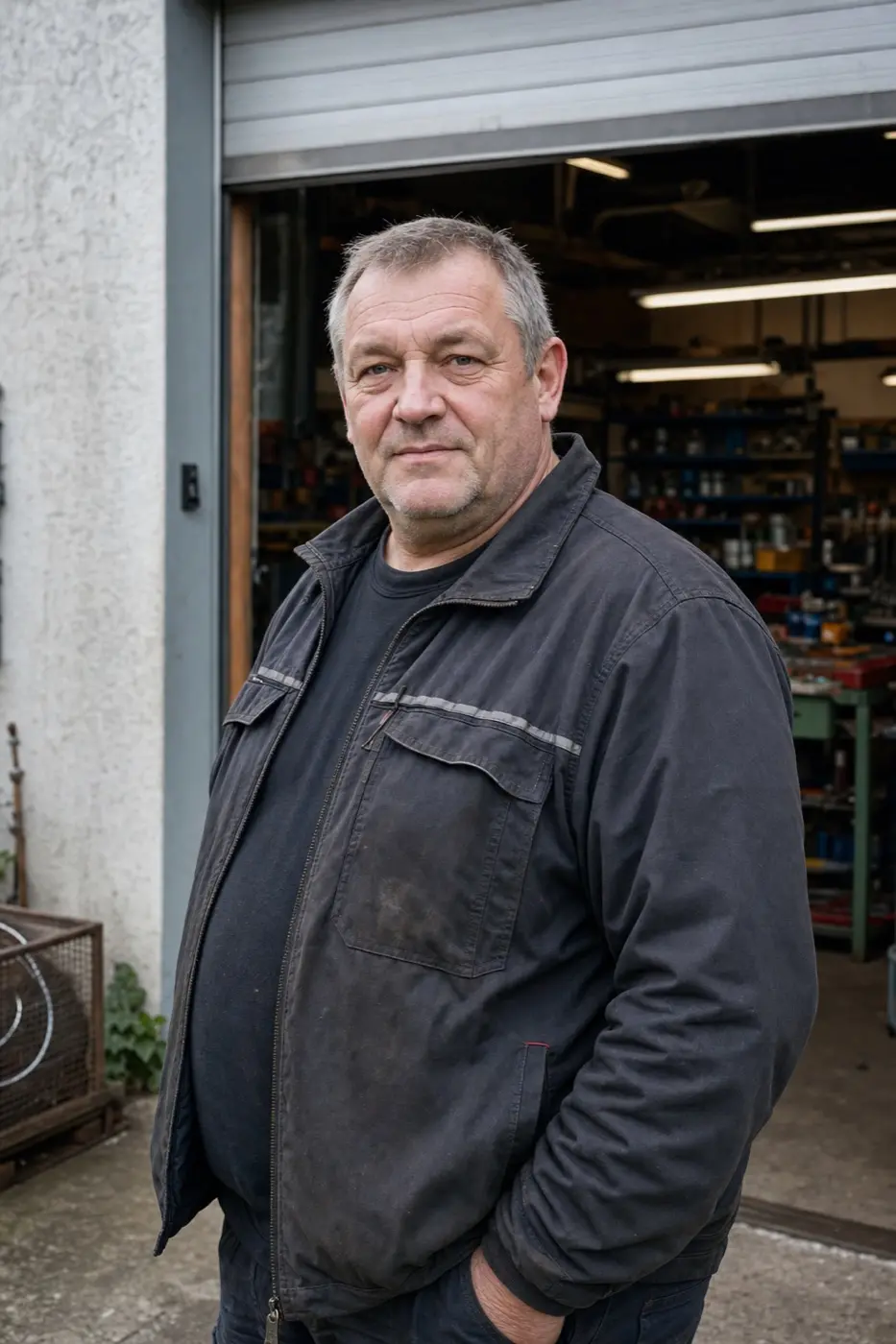 Porträt eines 58-jährigen Mannes in Arbeitsjacke vor einer Werkstatt