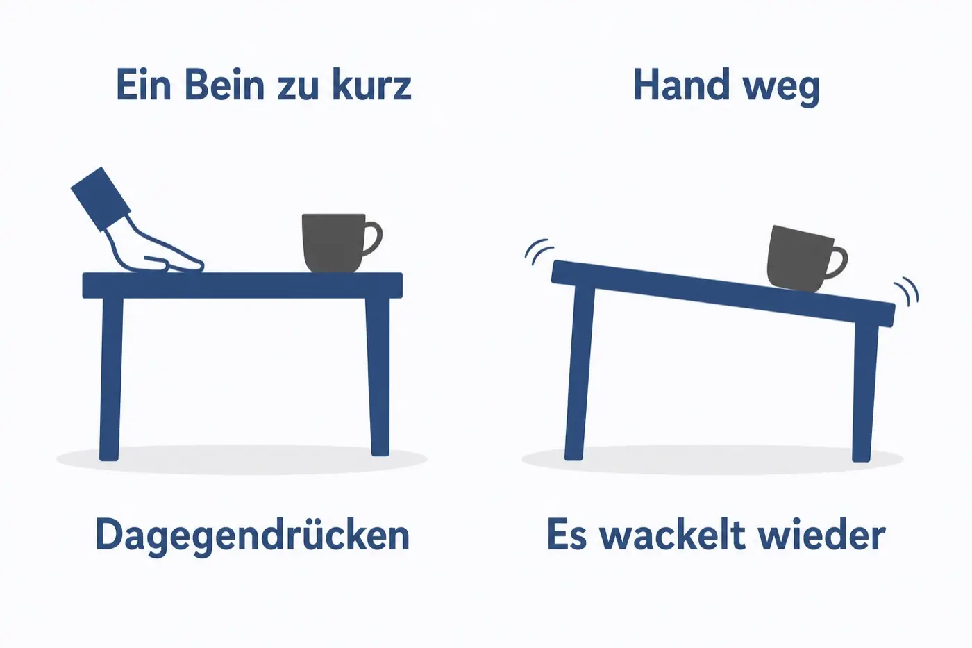 Grafik im Vergleich: links ein Tisch mit zu kurzem Bein, auf den eine Hand drückt, rechts derselbe Tisch ohne Hand, auf dem die Tasse verrutscht