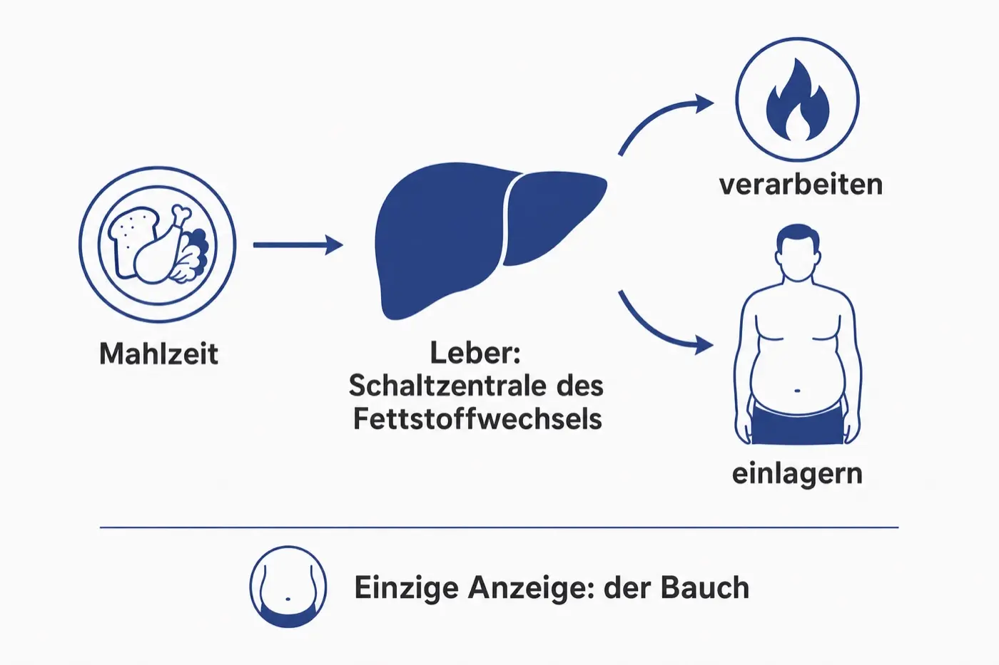 Schaubild: von der Mahlzeit zur Leber und von dort zwei Wege, verarbeiten oder einlagern.