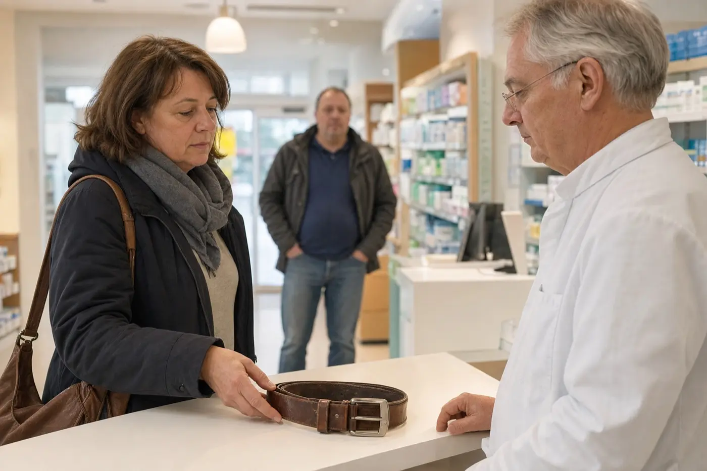 Eine Frau um 50 legt einen braunen Herrengürtel auf den Tresen einer Apotheke, der Apotheker sieht den Gürtel an.