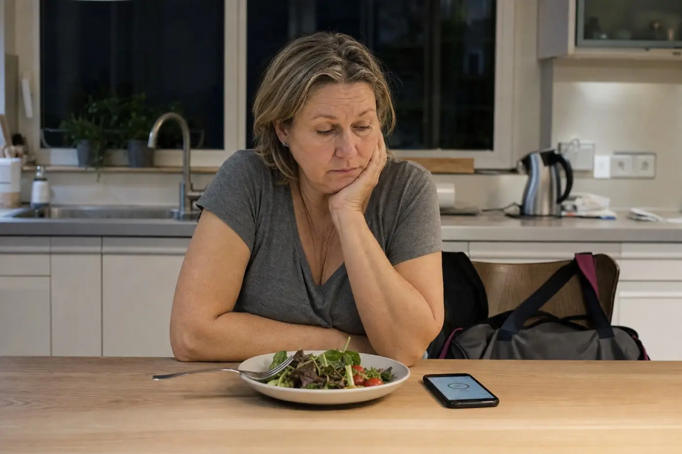 Frau Mitte 50 sitzt abends allein in der Küche vor einem Teller Salat, daneben ihr Smartphone, an der Stuhllehne eine Sporttasche.