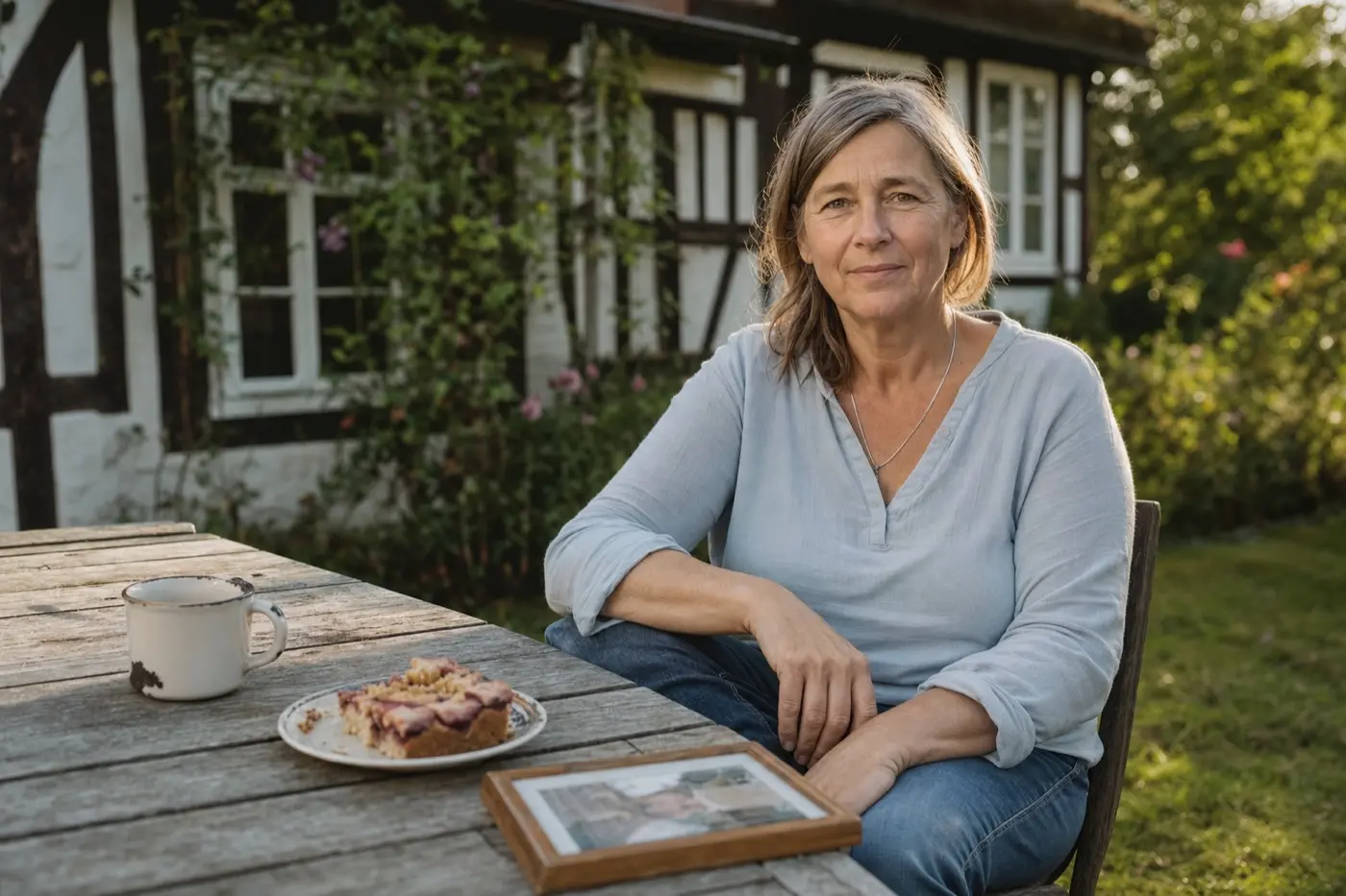 Frau Mitte 50 sitzt an einem Holztisch in ihrem Garten, vor sich ein gerahmtes Foto und eine Kaffeetasse.