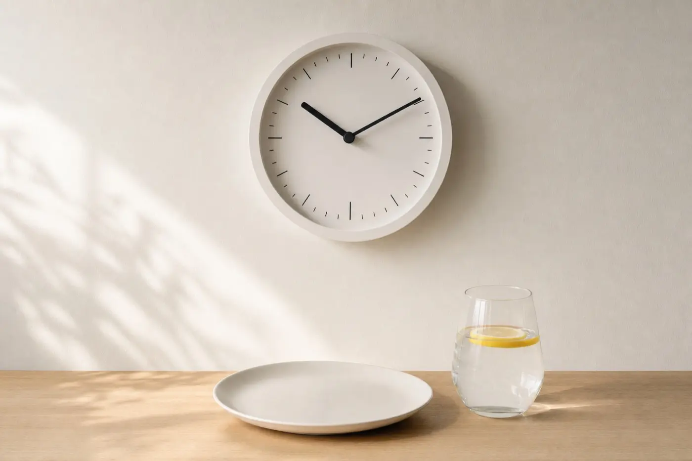 Schlichte Küchenuhr an einer hellen Wand, darunter ein leerer Teller und ein Glas Wasser mit Zitronenscheibe.
