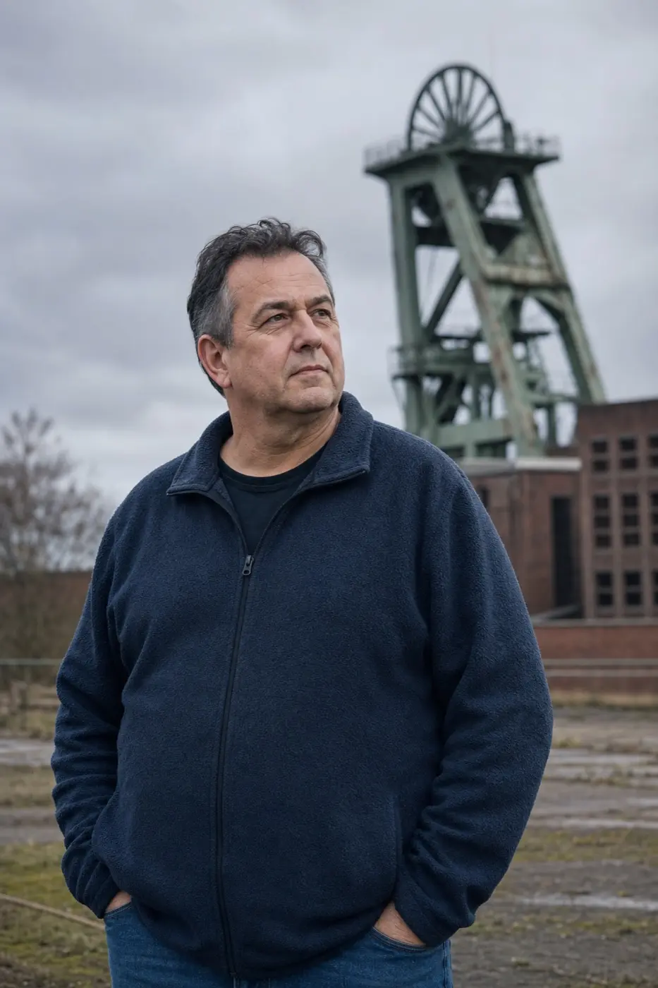 Porträt eines Mannes um 54 in Fleecejacke vor einem Zechenturm, nachdenklicher Blick.