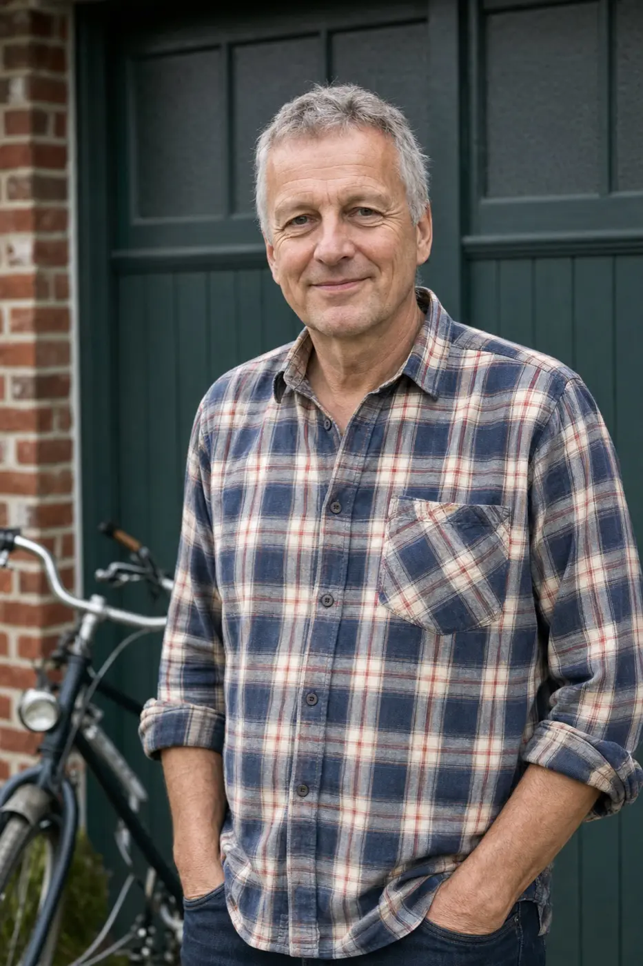 Porträt eines Mannes um 57 mit kariertem Hemd vor einer Garage, neben ihm ein Fahrrad.