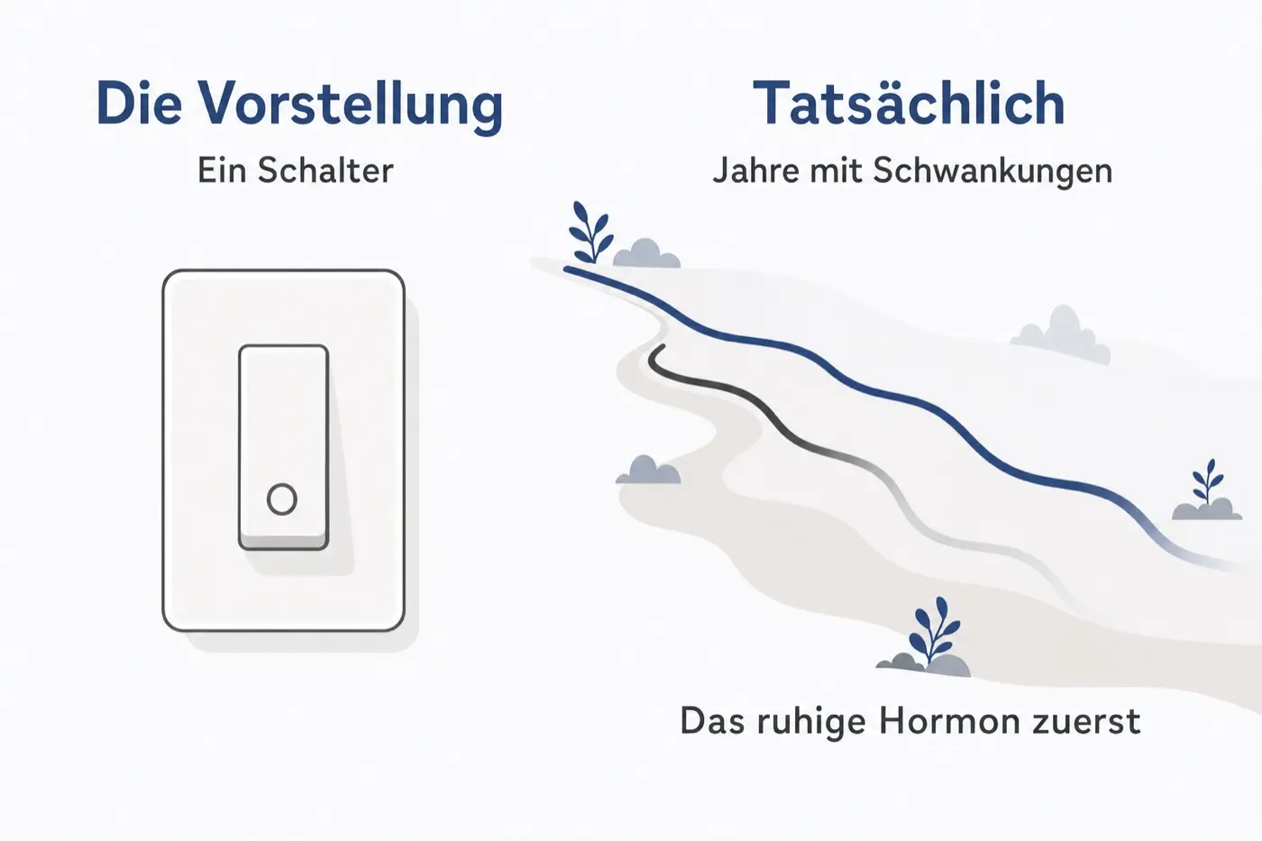 Grafik im Vergleich: links ein Lichtschalter für die Vorstellung eines Schalters, rechts ein welliger Weg über Jahre, auf dem eines von zwei Bändern früher verblasst