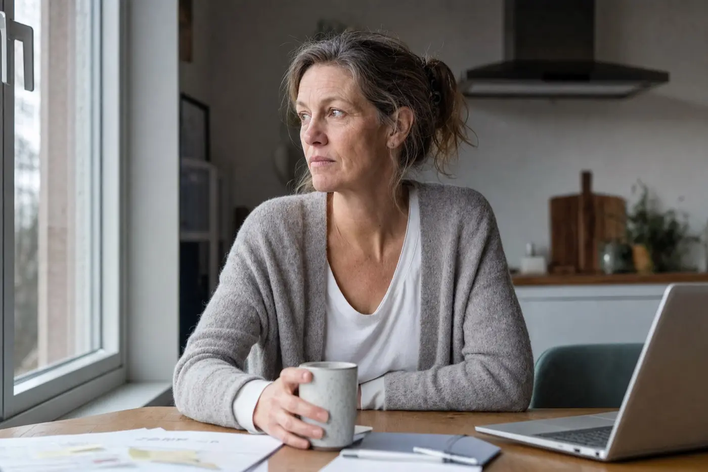 Dieselbe Frau am Nachmittag am Küchentisch, die Hand an der Kaffeetasse, der Blick müde aus dem Fenster.