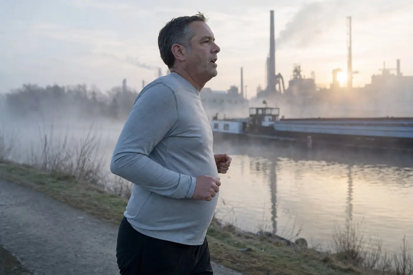 Ein Mann Anfang 50 läuft im Morgennebel auf einem Kanaluferweg, im Hintergrund eine Industriesilhouette.
