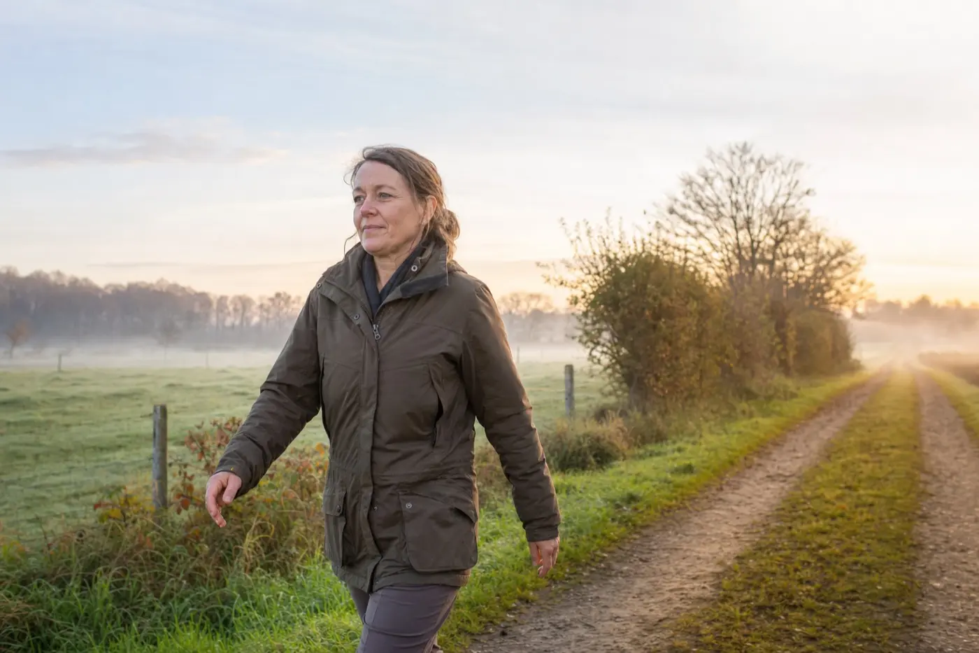 Eine Frau um die 50 geht in Funktionsjacke zügig über einen Feldweg im Morgennebel.