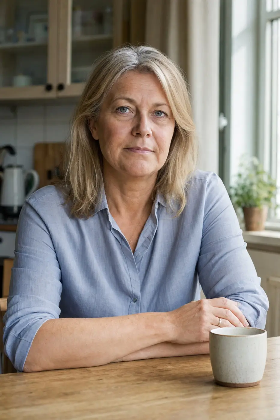 Birgit, 58, mit schulterlangen blonden Haaren an ihrem Küchentisch.