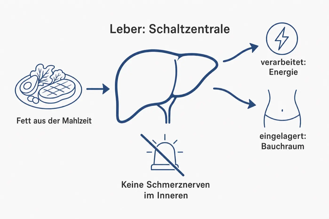 Schaubild: die Leber als Schaltzentrale, links ein Teller mit Pfeil hinein, rechts zwei Pfeile für verarbeitet und eingelagert, darunter ein durchgestrichenes Warnlicht.