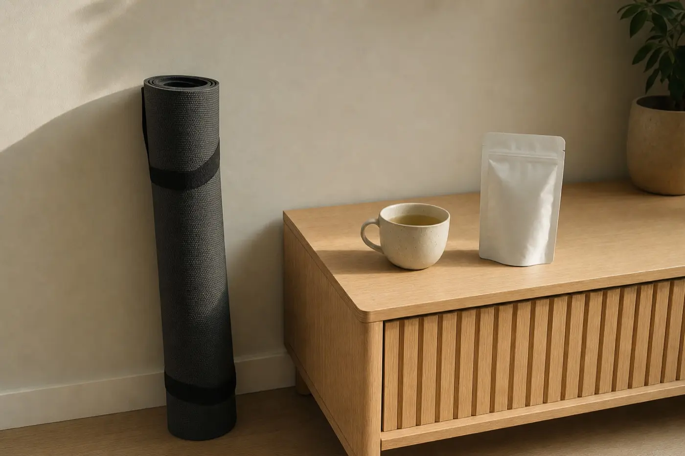 Aufgerollte Yogamatte an einer Wohnzimmerwand, daneben eine Teetasse und eine weiße Packung ohne Markenaufdruck