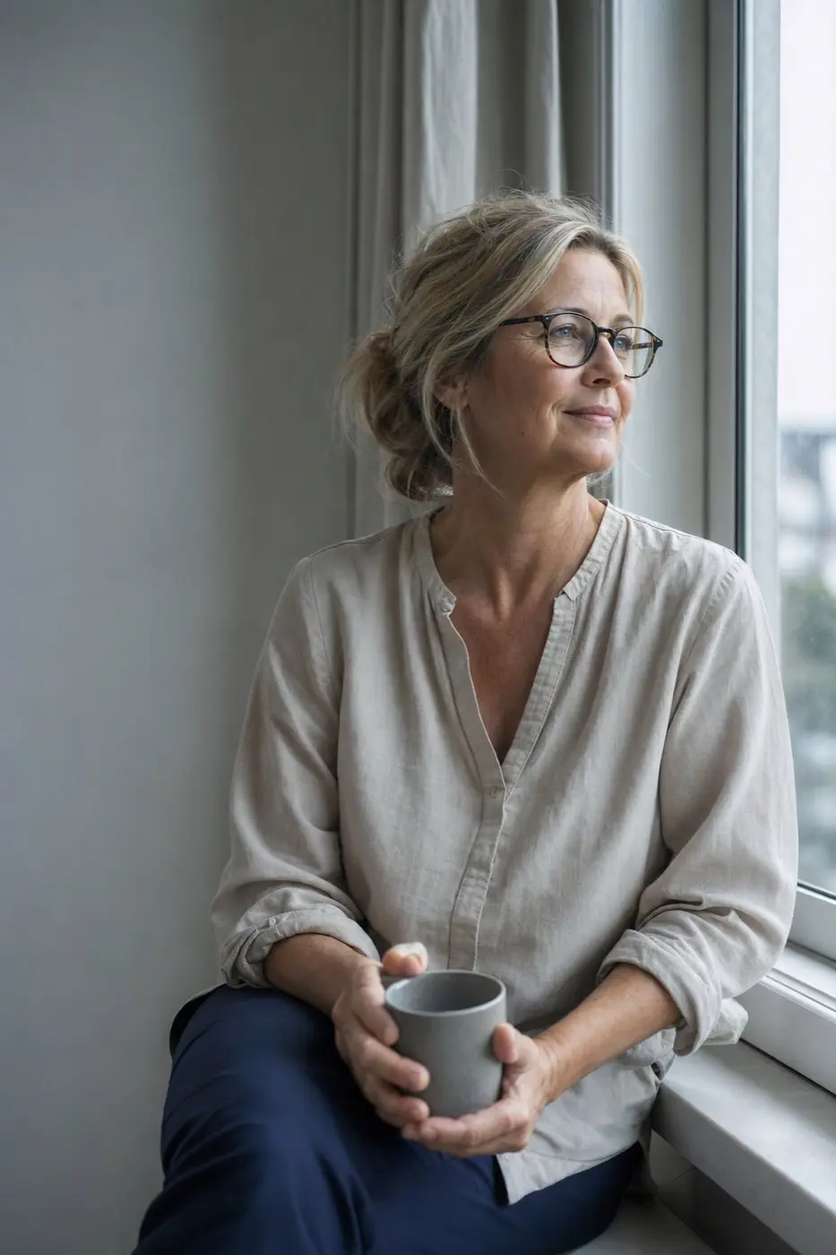 Portraet einer Frau um 55 mit Brille, die mit einer Tasse an der Fensterbank sitzt.