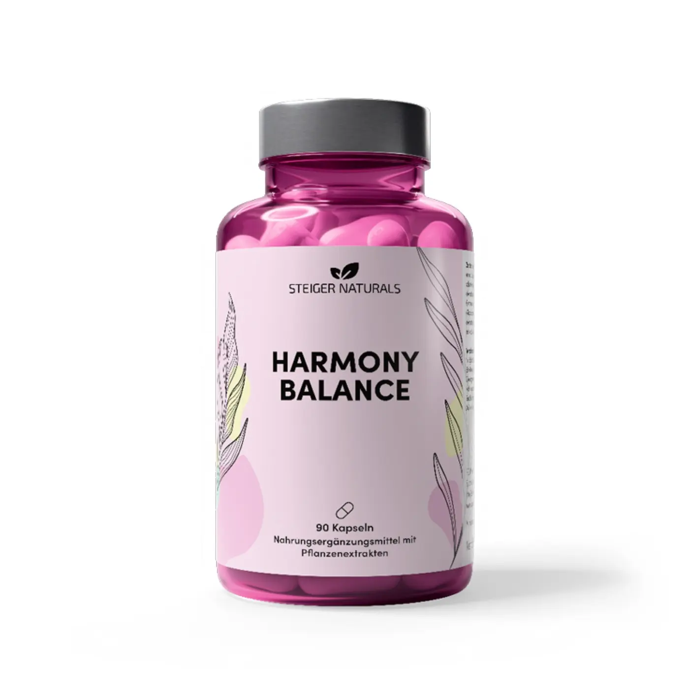 Freigestellter Packshot der Dose, transparenter Hintergrund, 800 × 800 px. Pinkes Glas mit grauem Deckel, rosa Etikett mit Blattzeichnungen. Aufdruck: „Steiger Naturals“, „HARMONY BALANCE“, „90 Kapseln“, „Nahrungsergänzungsmittel mit Pflanzenextrakten“. Kein Siegel.