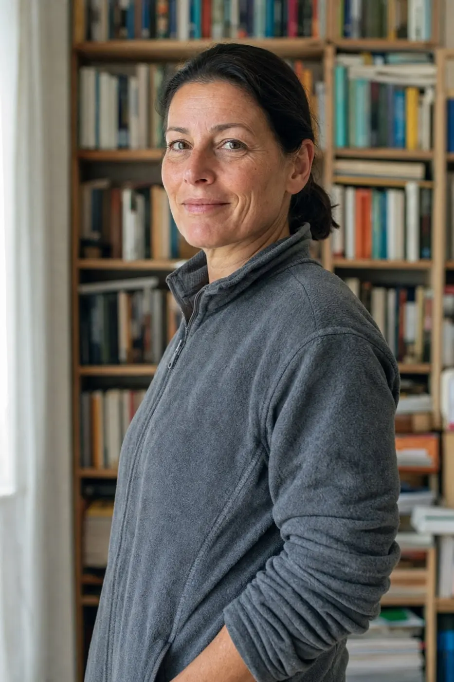 Porträt einer 49-jährigen Frau mit dunklem Zopf und Fleecejacke vor einem Bücherregal.