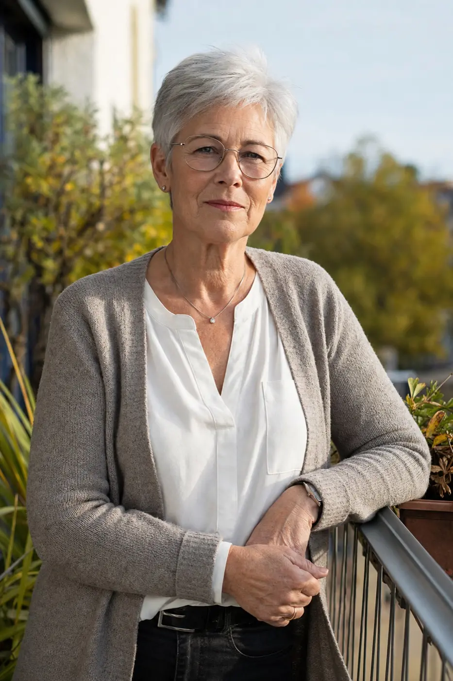 Porträt einer 61-jährigen Frau mit silbernem Haar und Brille auf ihrem Balkon im Herbstlicht.
