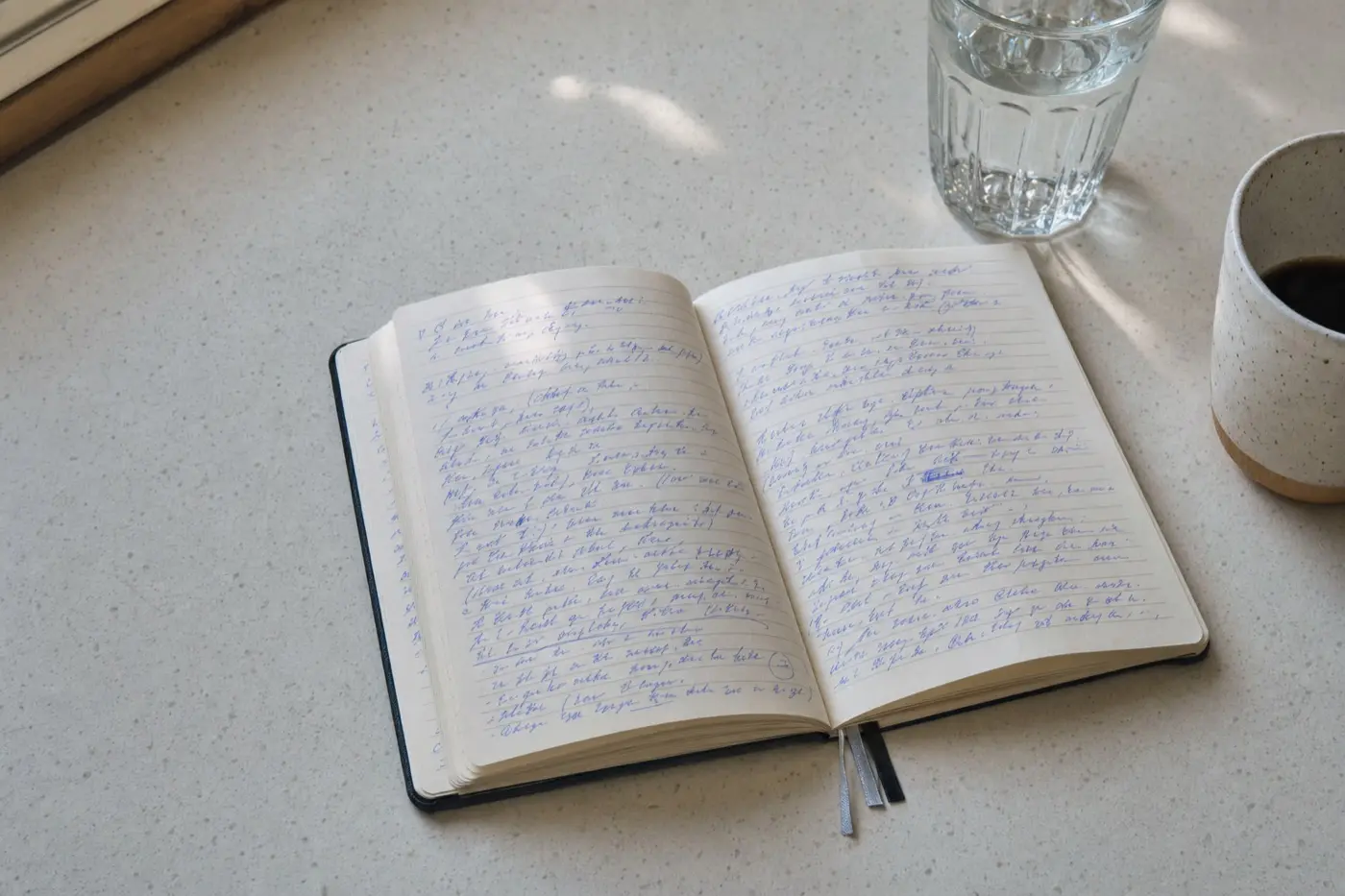 Aufgeschlagenes Notizbuch mit handschriftlichen Einträgen auf einem Küchentisch, daneben ein Glas Wasser und eine Kaffeetasse