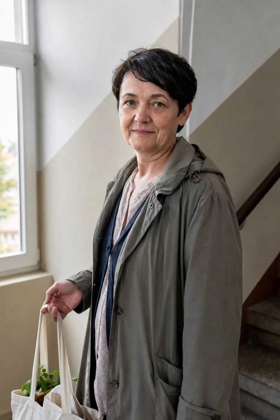 Heike, 51, im Treppenhaus eines Wohnhauses, eine Einkaufstasche in der Hand.