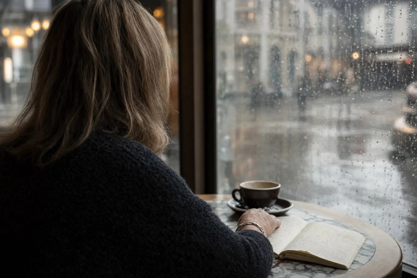 Frau um 53 von hinten an einem Cafétisch am verregneten Fenster, vor ihr eine Tasse Kaffee und ein aufgeschlagenes Notizbuch; das Gesicht ist nicht erkennbar.