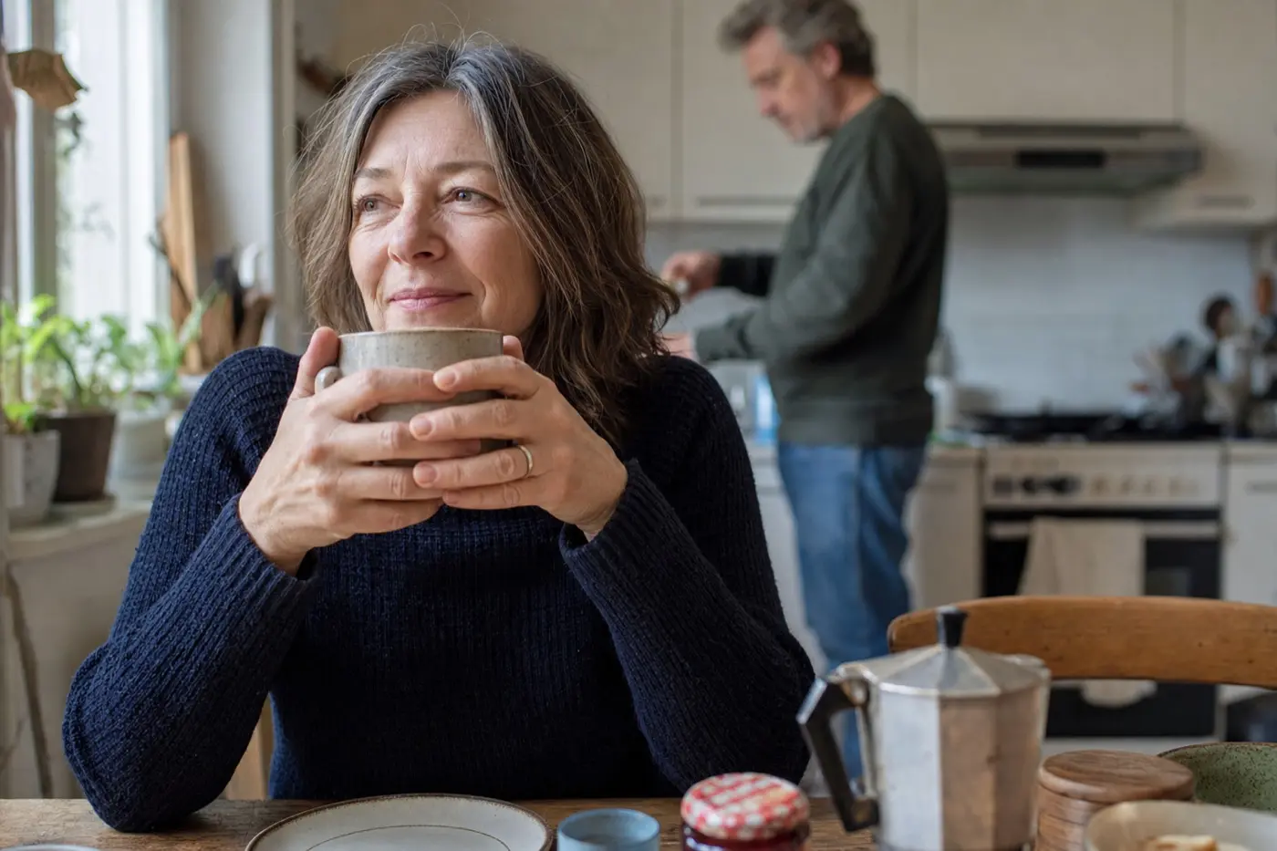 Eine Frau um die 55 sitzt entspannt mit einer Tasse am Frühstückstisch, ihr Mann im Hintergrund.
