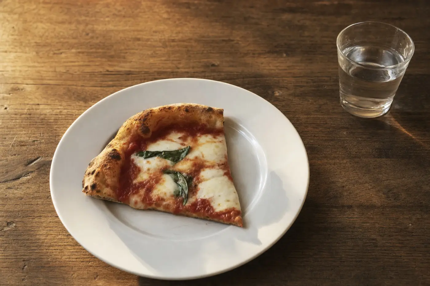 Ein Stück Pizza auf einem weißen Teller neben einem Glas Wasser auf einem Holztisch.