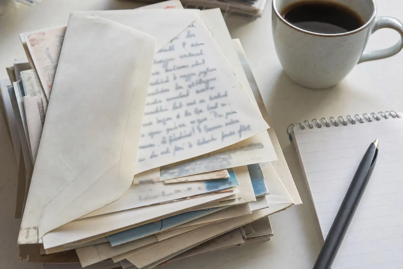 Stapel handgeschriebener Briefe und Postkarten auf einem hellen Schreibtisch, daneben eine Tasse und ein Notizblock.