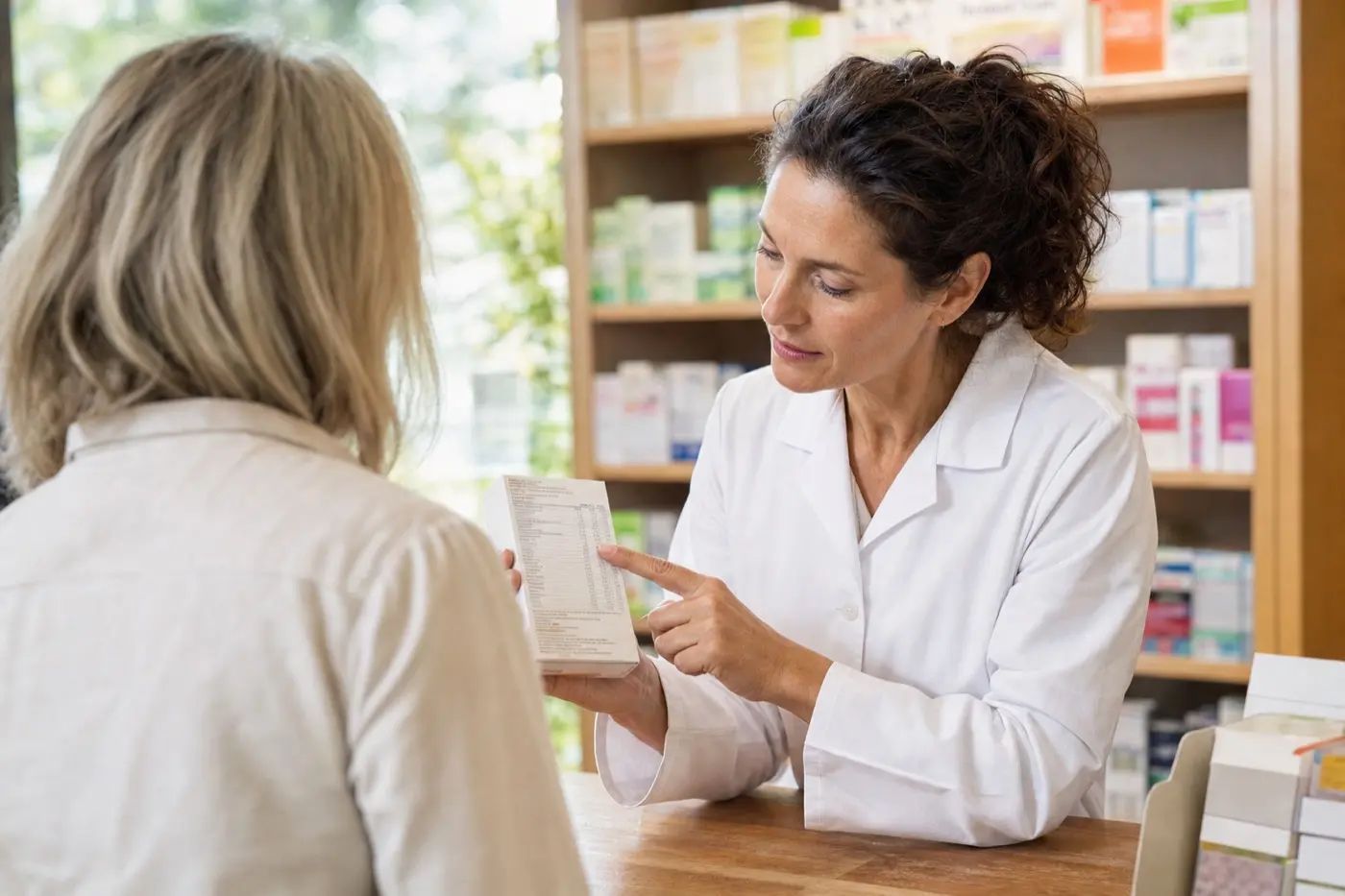 Apothekerin am Beratungstisch dreht eine neutrale Packung um und zeigt auf die Nährwerttabelle, ihr gegenüber eine Kundin von hinten.